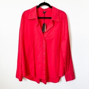 NWT Monrow V-Neck Poplin Button Down Long Sleeve Shirt Pink Womens Large